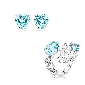 Conjunto de brinco e anel coração com zircônia cristal e acqua banho em ródio branco
