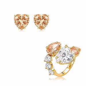 Conjunto de brinco e anel coração com zircônia cristal e champanhe banho em ouro 18k