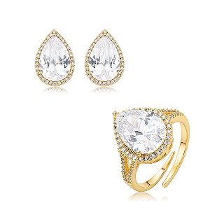 Conjunto de brinco e anel gota com zircônia cristal banho em ouro 18k