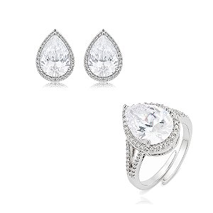Conjunto de brinco e anel gota com zircônia cristal banho em ródio branco
