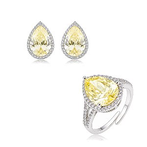 Conjunto de brinco e anel gota com zircônia cristal e yellow fancy banho em ródio branco
