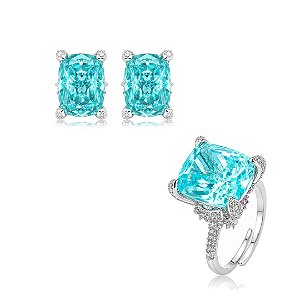 Conjunto de brinco e anel luxo com zircônia ice cut turmalina paraíba banho em ródio branco