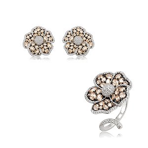 Conjunto de brinco e anel flor luxo com zircônia morganita banho em ródio branco