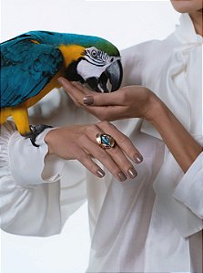Conjunto de brinco e anel acetinado com zircônia acqua banho em ouro 18k