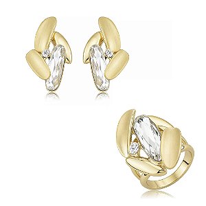 Conjunto de brinco e anel acetinado com zircônia cristal banho em ouro 18k