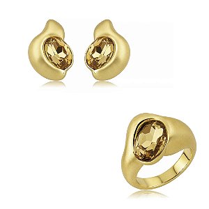Conjunto de brinco e anel acetinado com zircônia morganita banho em ouro 18k