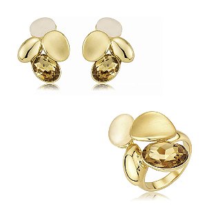 Conjunto de brinco e anel acetinado com zircônia morganita e pedra natural banho em ouro 18k