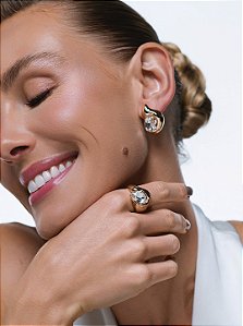 Conjunto de brinco e anel com zircônia cristal banho em ouro 18k