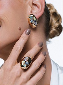 Conjunto de brinco e anel com zircônia colorida e pedra natural banho em ouro 18k