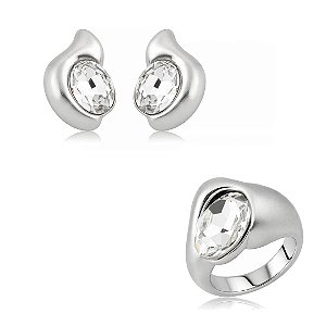 Conjunto de brinco e anel com zircônia cristal banho em ródio branco