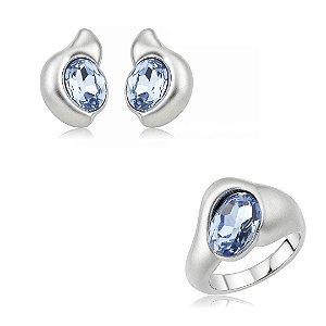 Conjunto de brinco e anel acetinado com zircônia topázio banho em ródio branco