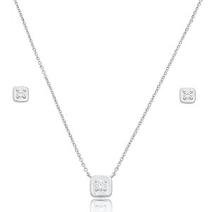 Conjunto de brinco e colar com zircônia cristal banho em ródio branco