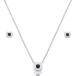 Conjunto de brinco e colar com zircônia ônix banho em ródio branco