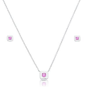 Conjunto de brinco e colar com zircônia pink banho em ródio branco
