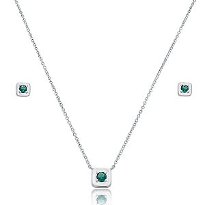 Conjunto de brinco e colar com zircônia esmeralda banho em ródio branco