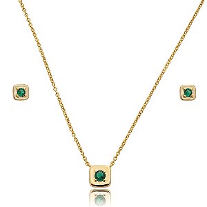 Conjunto de brinco e colar com zircônia esmeralda banho em ouro 18k