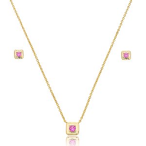 Conjunto de brinco e colar com zircônia pink banho em ouro 18k