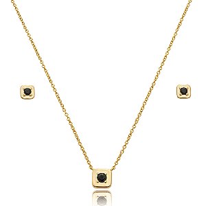 Conjunto de brinco e colar com zircônia ônix banho em ouro 18k