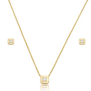 Conjunto de brinco e colar com zircônia cristal banho em ouro 18k
