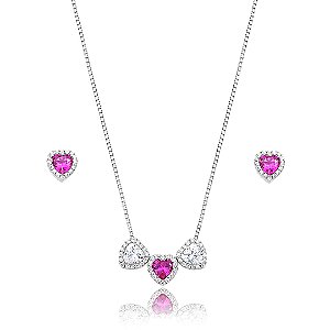 Conjunto de brinco e colar de coração com zircônia pink banho em ródio branco