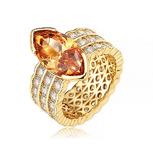 Anel dourado cravejado de zircônia cristal e champanhe banho em ouro 18k