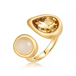 Anel acetinado com zircônia citrino e pedra natural banho em ouro 18k
