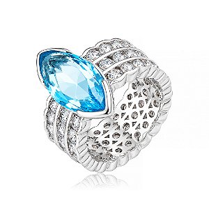 Anel cravejado de zircônia cristal e acqua banho em ródio branco