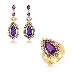 Conjunto de brinco e anel cravejado de zircônia cristal e pedra fusion ametista banho em ouro 18k
