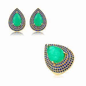Conjunto de brinco e anel gota cravejado de zircônia safira e pedra fusion esmeralda banho em ouro 18k