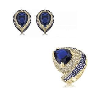 Conjunto de brinco e anel gota cravejado de zircônia cristal e safira banho em ouro 18k