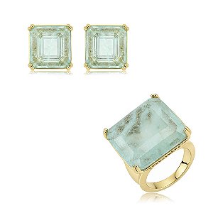 Conjunto de brinco e anel quadrado cravejado de zircônia cristal e pedra fusion turmalina banho em ouro 18k