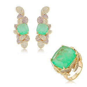 Conjunto de brinco e anel luxo cravejado de zircônia cristal e pedra fusion turmalina banho em ouro 18k