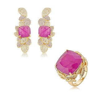 Conjunto de brinco e anel luxo cravejado de zircônia cristal e pedra fusion ametista banho em ouro 18k