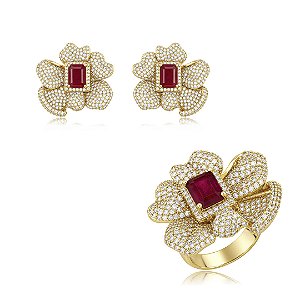 Conjunto de brinco e anel flor cravejado de zircônia cristal e pedra fusion rubi banho em ouro 18k