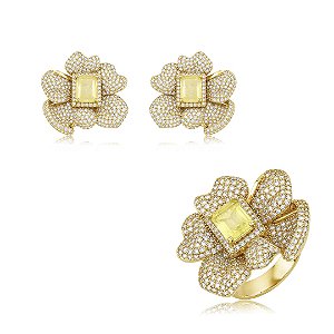 Conjunto de brinco e anel flor cravejado de zircônia cristal e pedra fusion yellow banho em ouro 18k