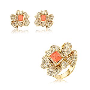 Conjunto de brinco e anel flor cravejado de zircônia cristal e pedra fusion coral banho em ouro 18k