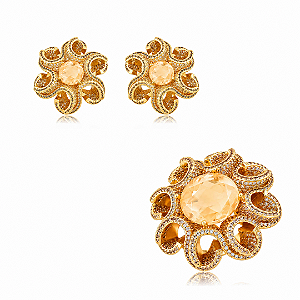 Conjunto de brinco e anel luxo flor cravejado de zircônia cristal e pedra fusion morganita banho em ouro 18k