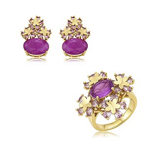 Conjunto de brinco e anel flor cravejado de zircônia rosa e pedra fusion rubelita banho em ouro 18k