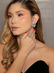 Conjunto de brinco e anel flor cravejado de zircônia safira e pedra fusion morganita banho em ouro 18k