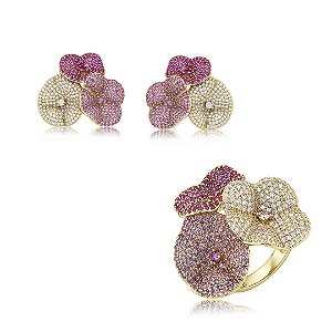 Conjunto de brinco e anel flor em degradê de zircônia rosa banho em ouro 18k