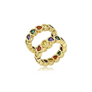 Anel de coração cravejado de zircônia colorida banho em ouro 18k