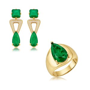 Conjunto de brinco e anel cravejado de zircônia cristal e pedra fusion esmeralda banho em ouro 18k