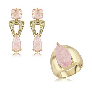Conjunto de brinco e anel cravejado de zircônia cristal e pedra fusion rodonita banho em ouro 18k