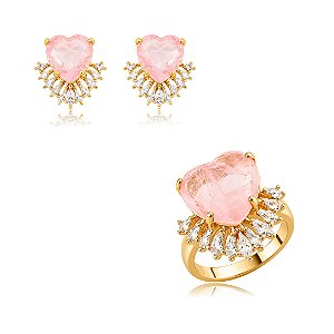 Conjunto de brinco e anel de coração cravejado de zircônia cristal e pedra fusion rodonita banho em ouro 18k