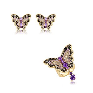 Conjunto de brinco e anel borboleta cravejado de zircônia ametista banho em ouro 18k