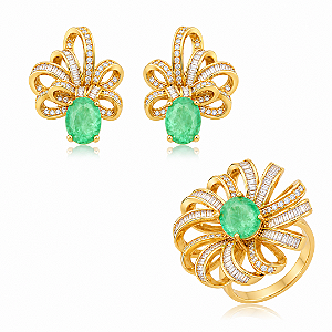 Conjunto de brinco e anel cravejado de zircônia cristal com pedra fusion turmalina banho em ouro 18k