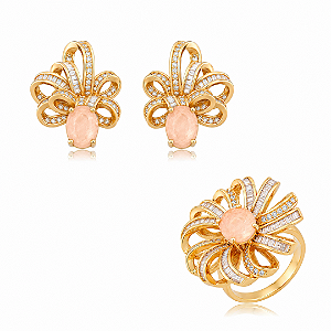 Conjunto de brinco e anel cravejado de zircônia cristal com pedra fusion morganita banho em ouro 18k