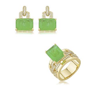 Conjunto de brinco e anel cravejado de zircônia cristal com pedra fusion esmeralda banho em ouro 18k