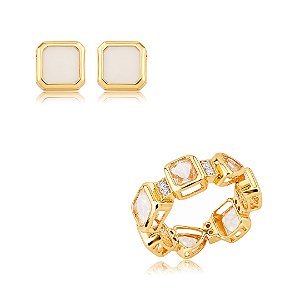 Conjunto de brinco e anel cravejado de zircônia e pedra fusion cristal banho em ouro 18k