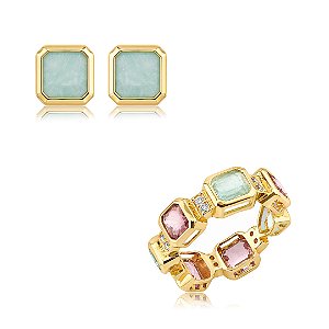 Conjunto de brinco e anel cravejado de zircônia e pedra fusion acqua banho em ouro 18k